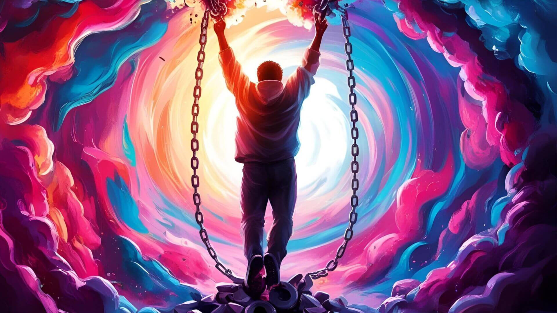 Unhook Immersive Main Image A man breaking chains, representing the chains of modern masculinity.