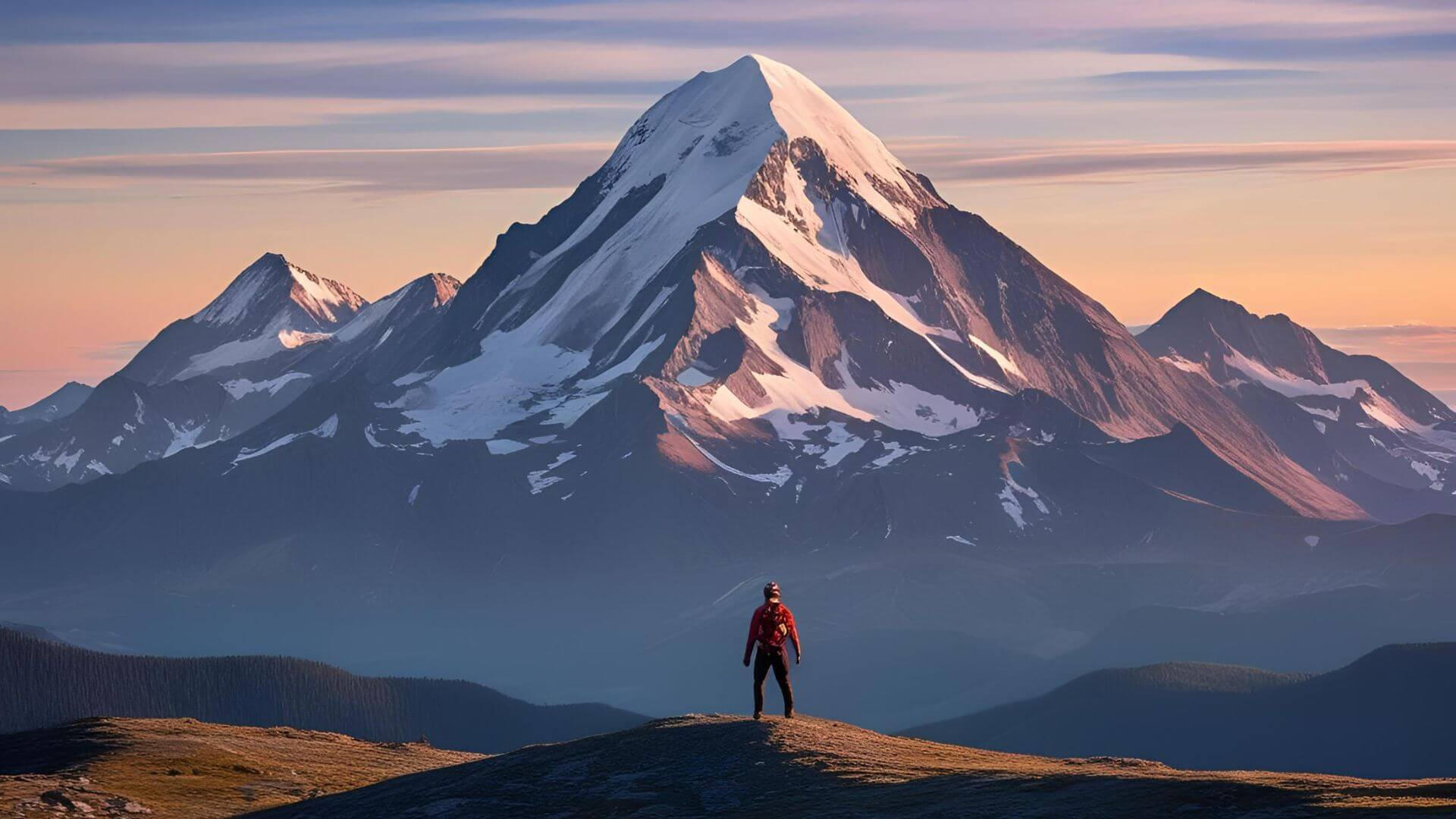 Man facing a mountain Someone facing their fears and staring at a mountain that they are going to climb.